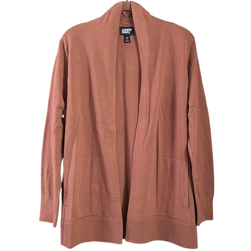 Lands End Womens Cardigan Sweater Size SP Pockets Open Front Camel Tan High Neck